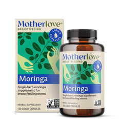 Motherlove Moringa bottle front shows organic lactation formula supporting milk supply.