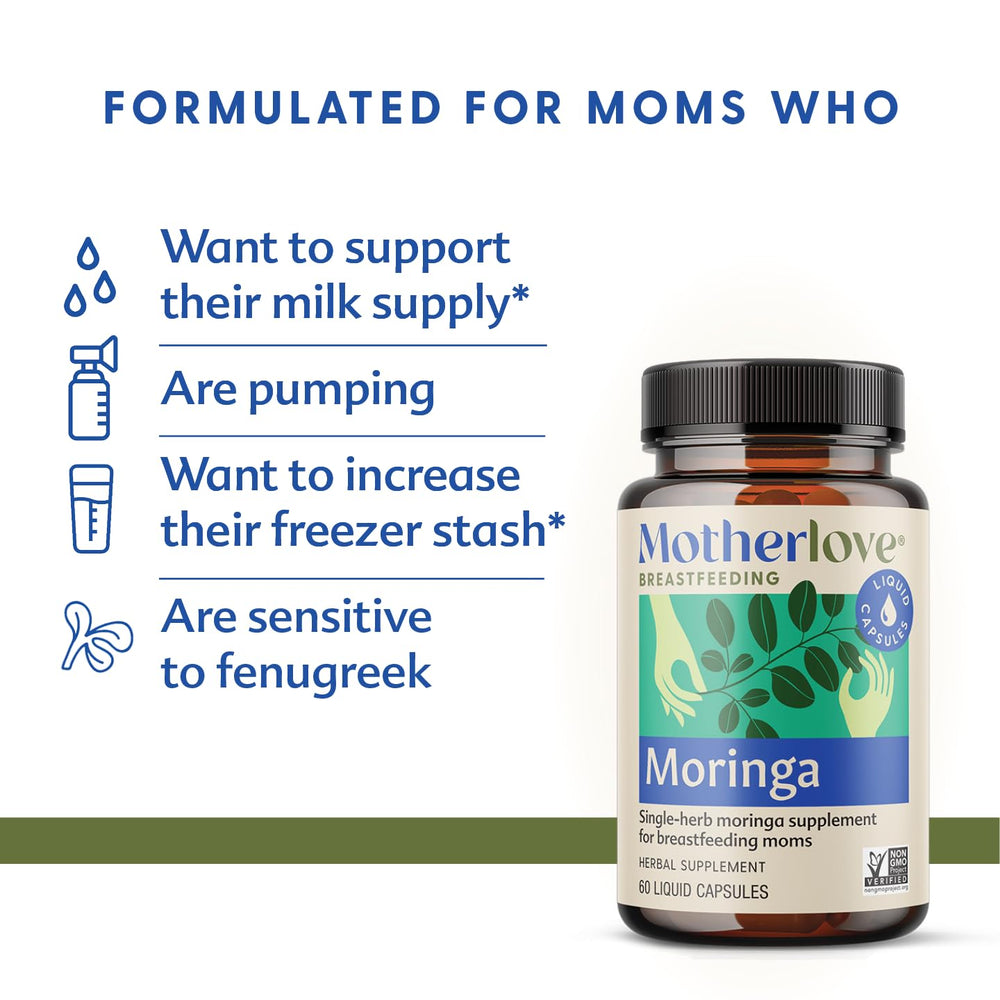 Motherlove Moringa capsules closeup highlights vegan, non-GMO supplement for nursing moms seeking support.