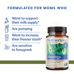 Motherlove Moringa capsules closeup highlights vegan, non-GMO supplement for nursing moms seeking support.