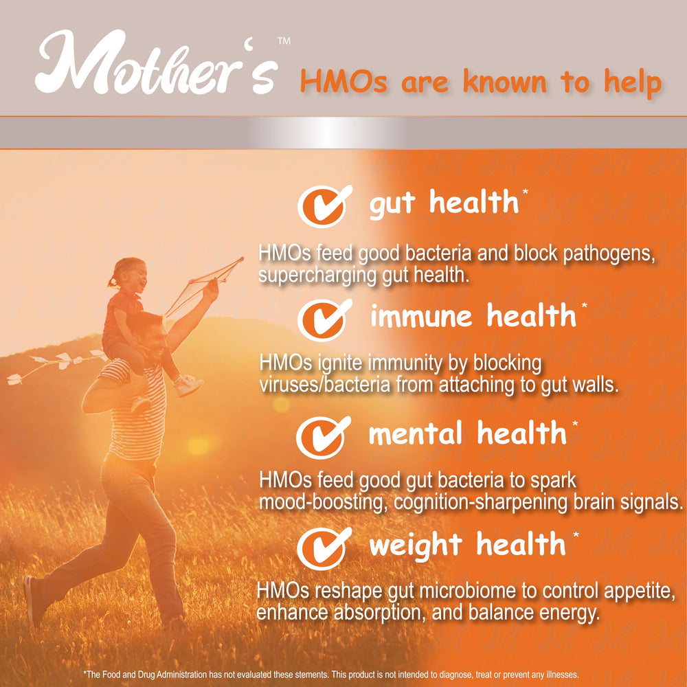 Mother's Prebiotic Supplement HMO bottle closeup highlights vegan formula