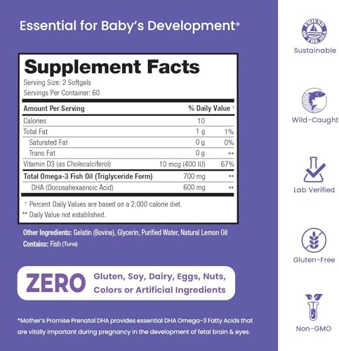 Bottle of Mother’s Promise 120 softgels for prenatal use