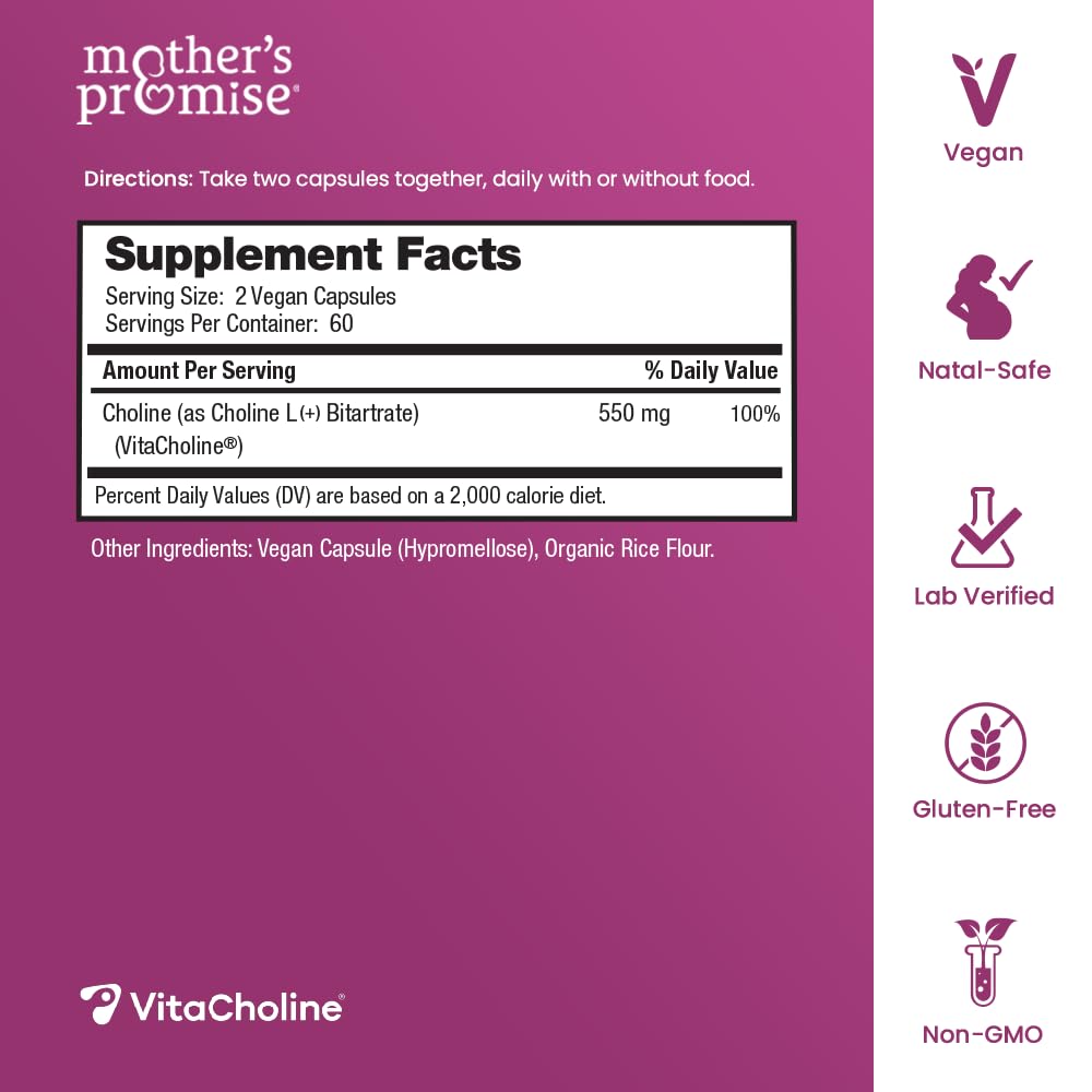 Close-up of Mothers Promise Prenatal Choline capsules highlighting vegan choline salt for a vegan lifestyle.