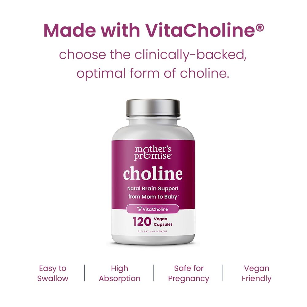 Front of Mothers Promise Prenatal Choline packaging highlights non-GMO and allergen-free features.