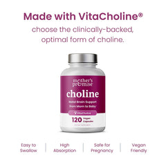 Front of Mothers Promise Prenatal Choline packaging highlights non-GMO and allergen-free features.