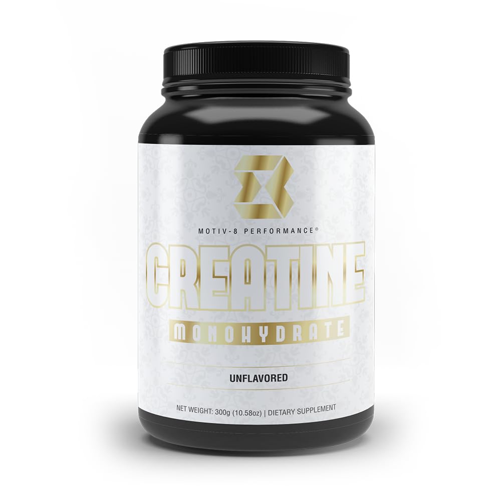 Motiv-8 creatine powder bottle front for clean energy support during workouts.