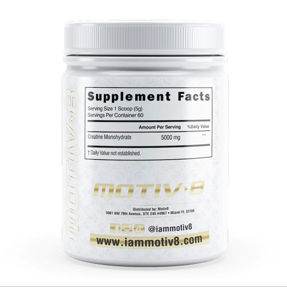 Scoop of Motiv-8 creatine powder shows no fillers for reliable gains.