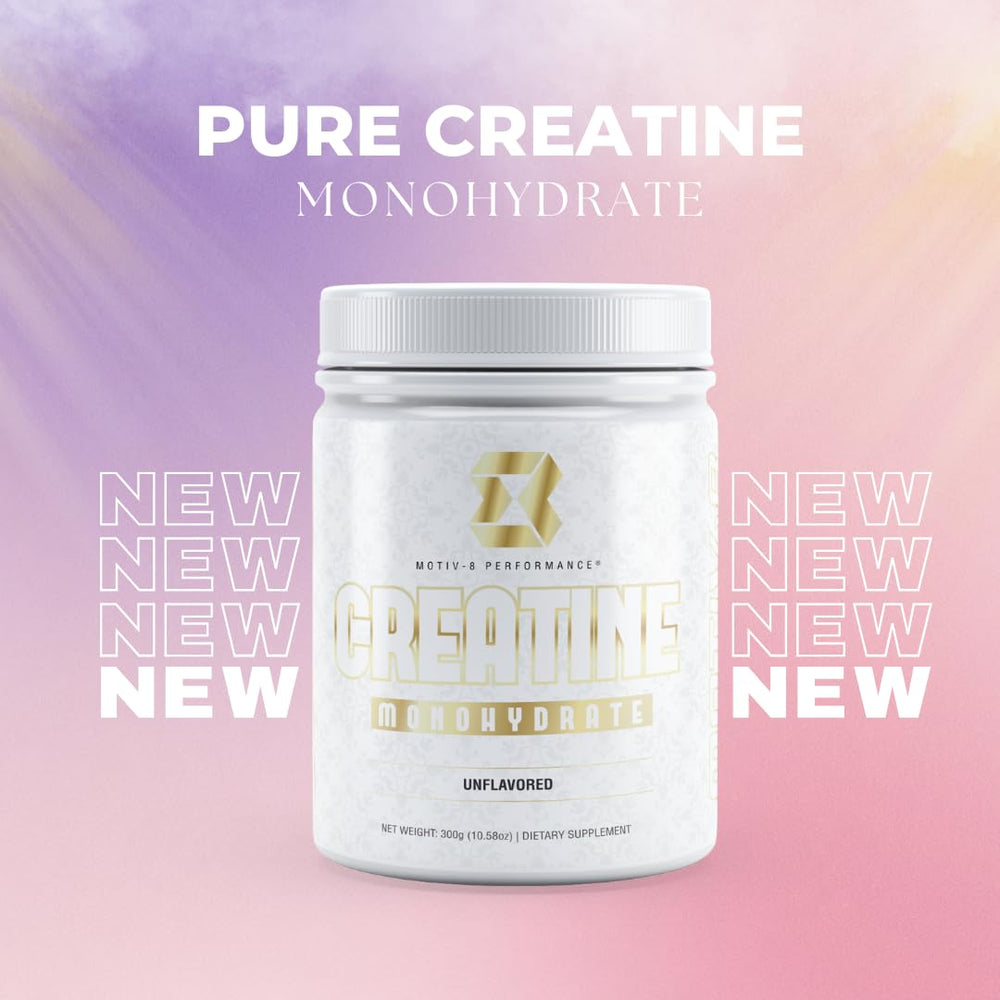 Motiv-8 creatine powder dissolving in water for quick support.