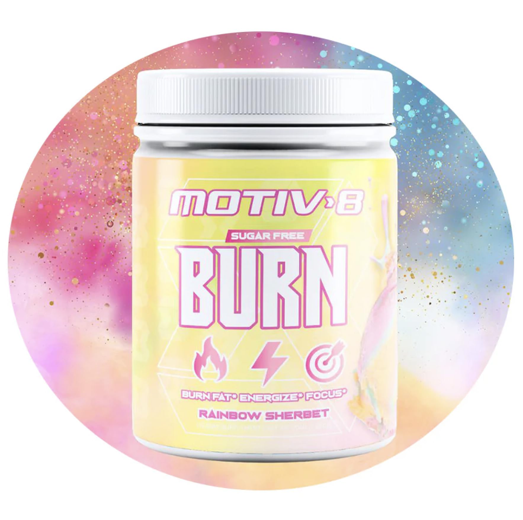 Motiv-8 Pre-Workout bottle Rainbow Sherbet boosts energy and focus during workouts.