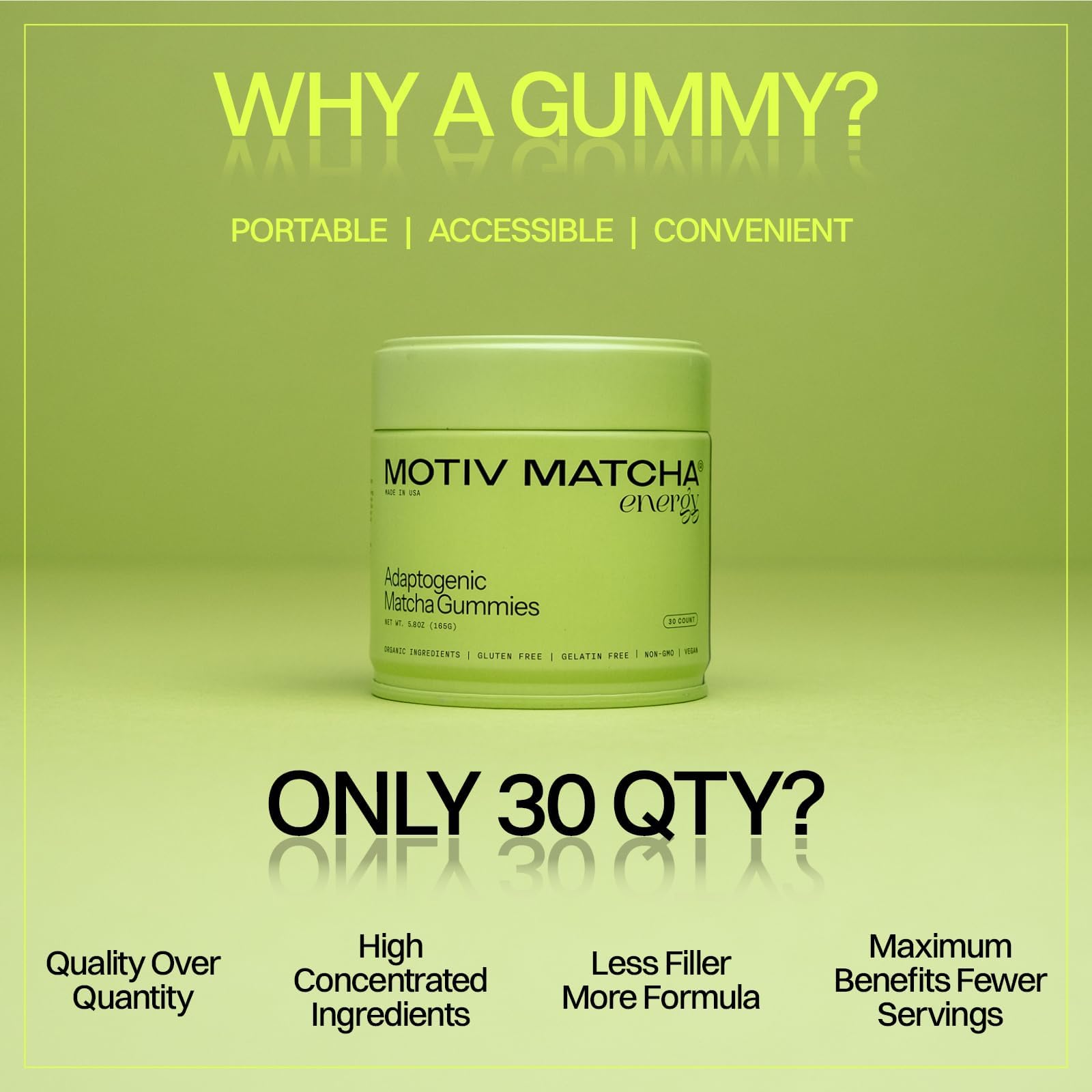 Motiv Matcha gummy close-up reveals delicious matcha flavor and smooth texture