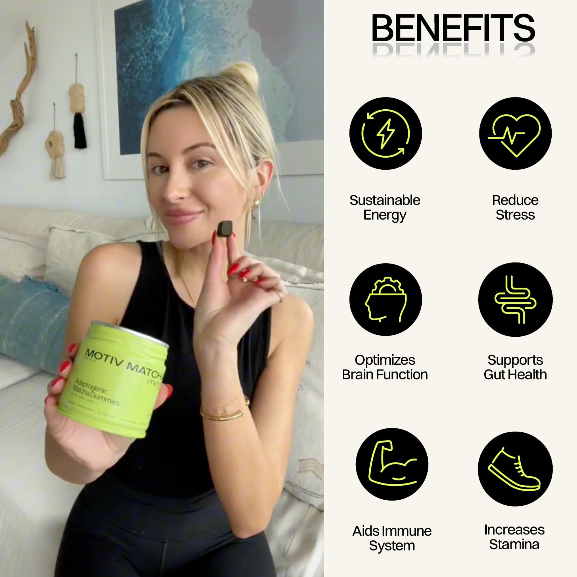 Motiv Matcha energy gummies on shelf communicates organic quality and flavor