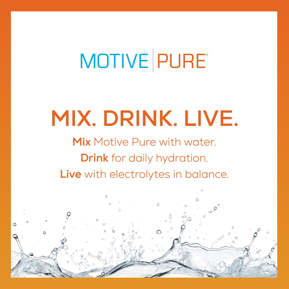 MOTIVE PURE Electrolyte Hydration orange 32oz pump bottle pump-action for fast hydration during workouts.
