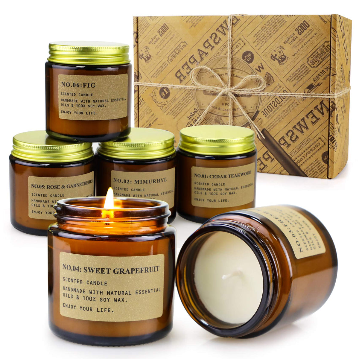 MOULENGGU 6-pack candles in amber jars, gift-ready for home ambiance