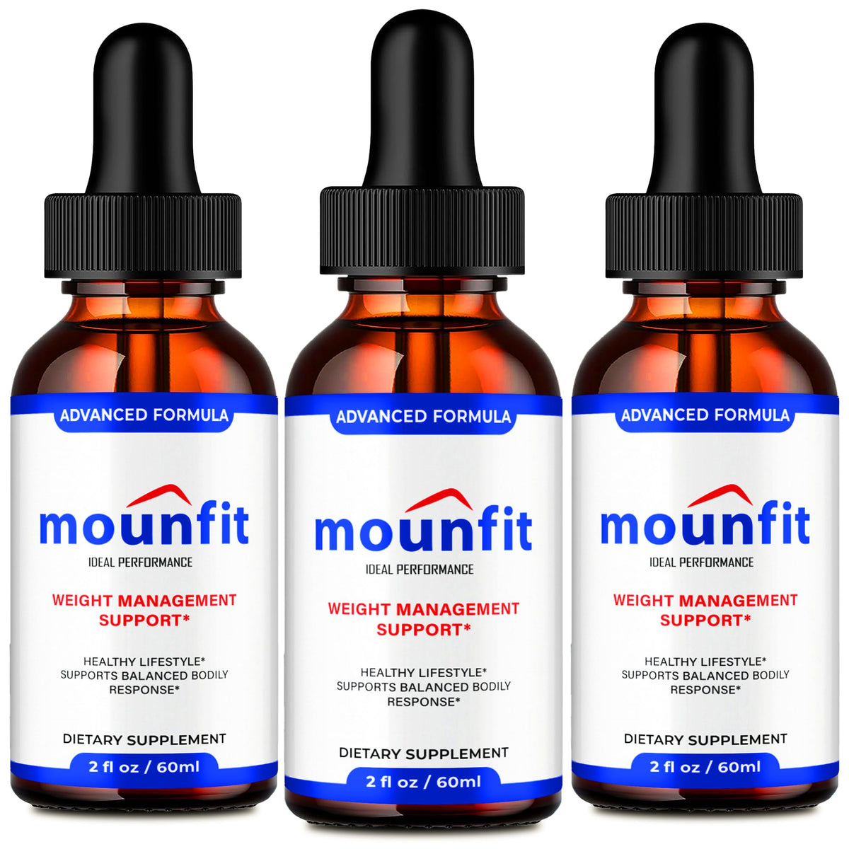 IDEAL PERFORMANCE Mounfit Drops bottle closeup showing a premium liquid supplement.