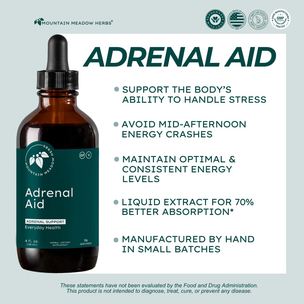 Mountain Meadow Adrenal Aid bottle pour demonstrates a simple nightly routine for calm and balance.