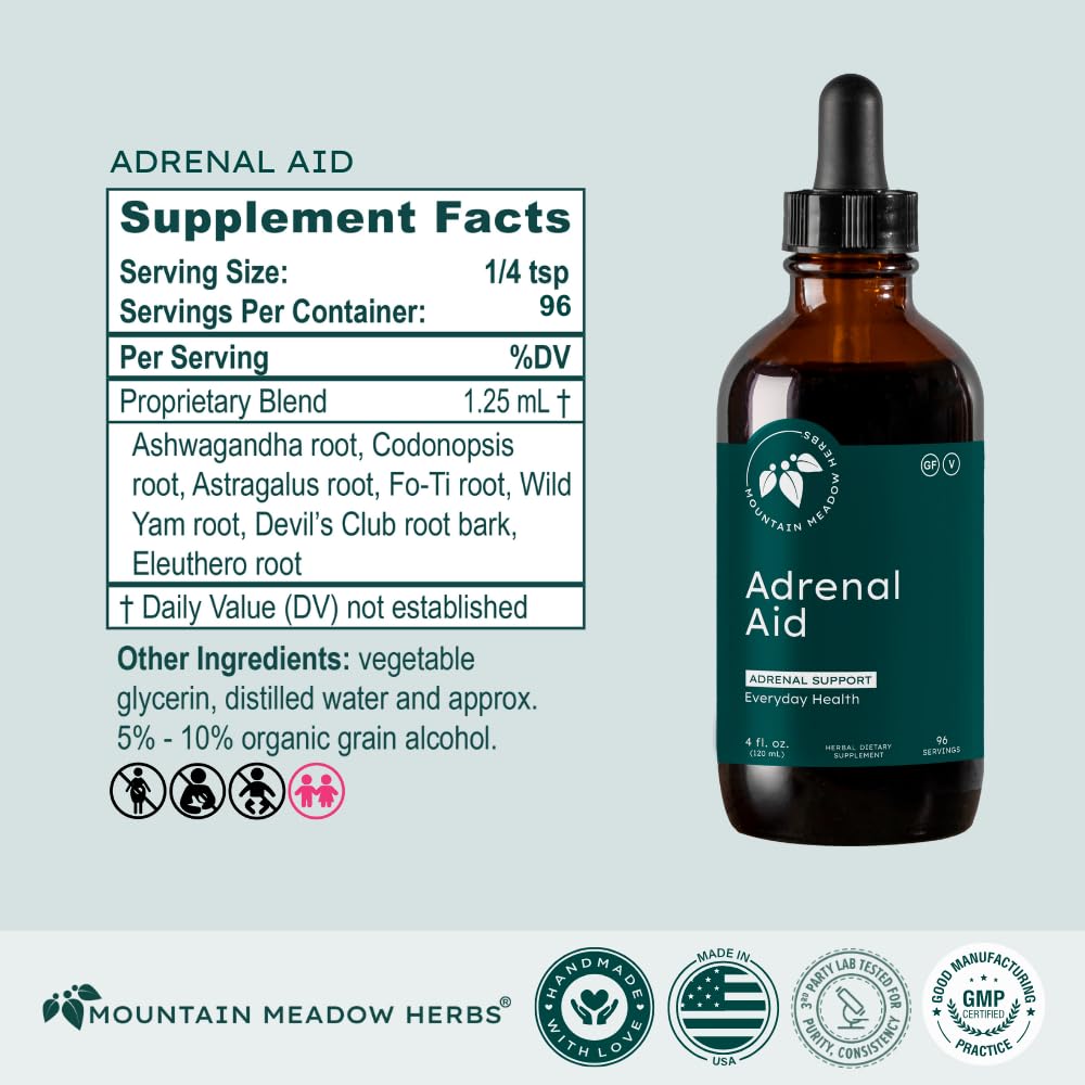 Mountain Meadow Adrenal Aid bottle with glass suggests an easy nightly ritual for fatigue-friendly care.