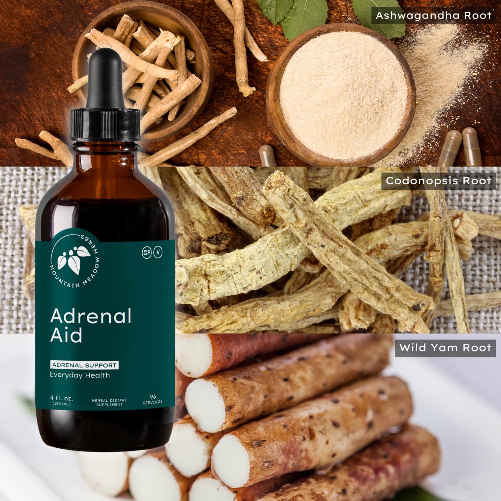 Mountain Meadow Adrenal Aid herbs display highlights the adaptogen blend for everyday resilience.