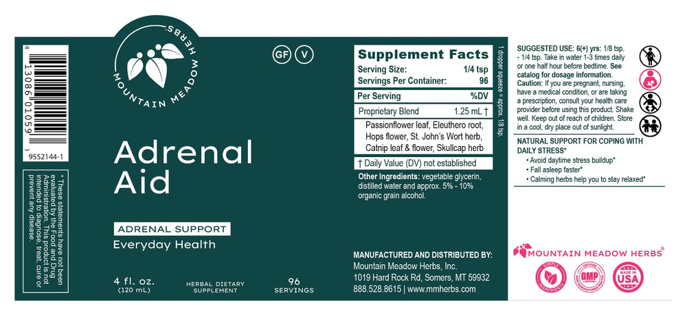 Mountain Meadow Adrenal Aid box showcases the original formula for trusted adrenal support.
