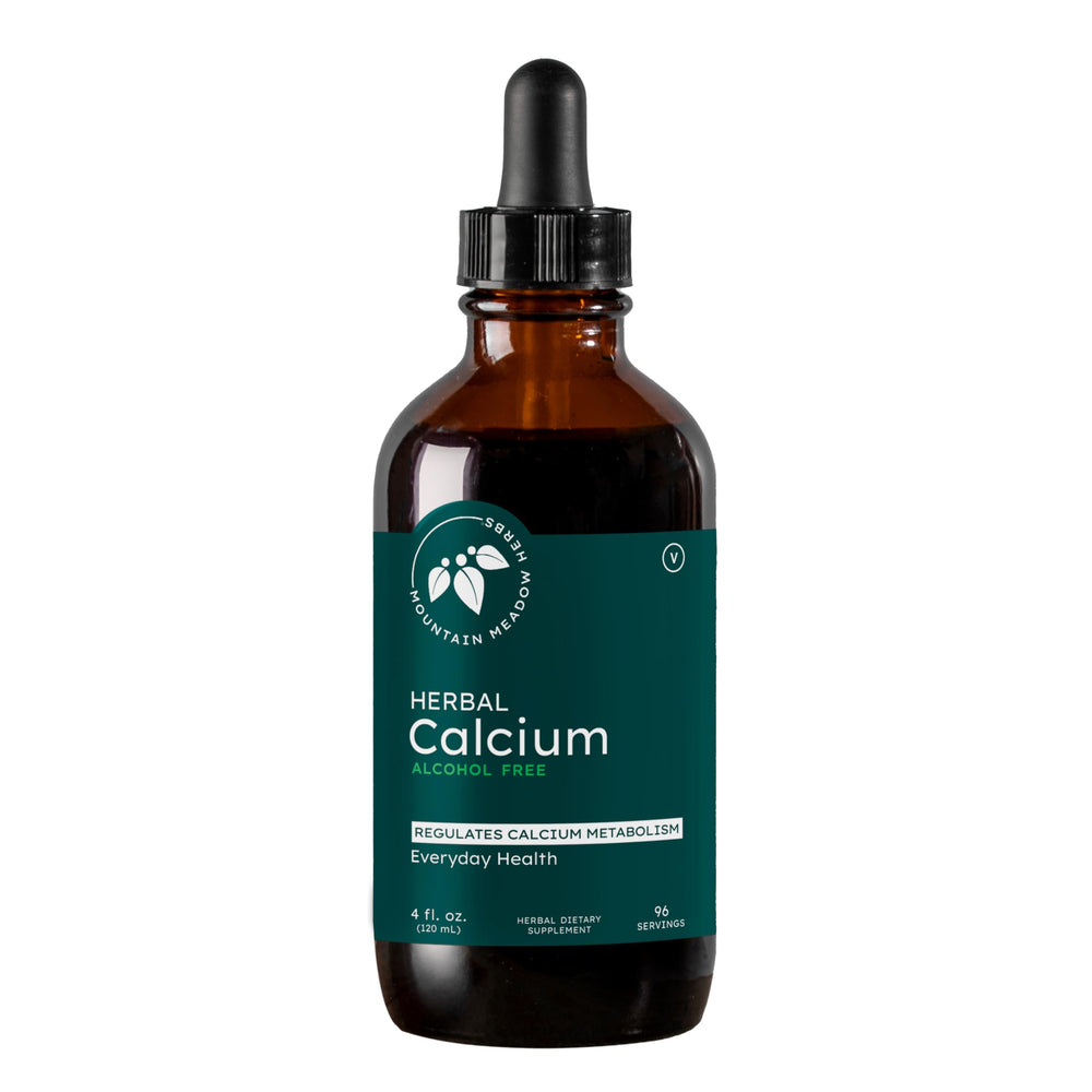 Mountain Meadow Herbs Herbal Calcium bottle pour shows convenient liquid dosing for bone support