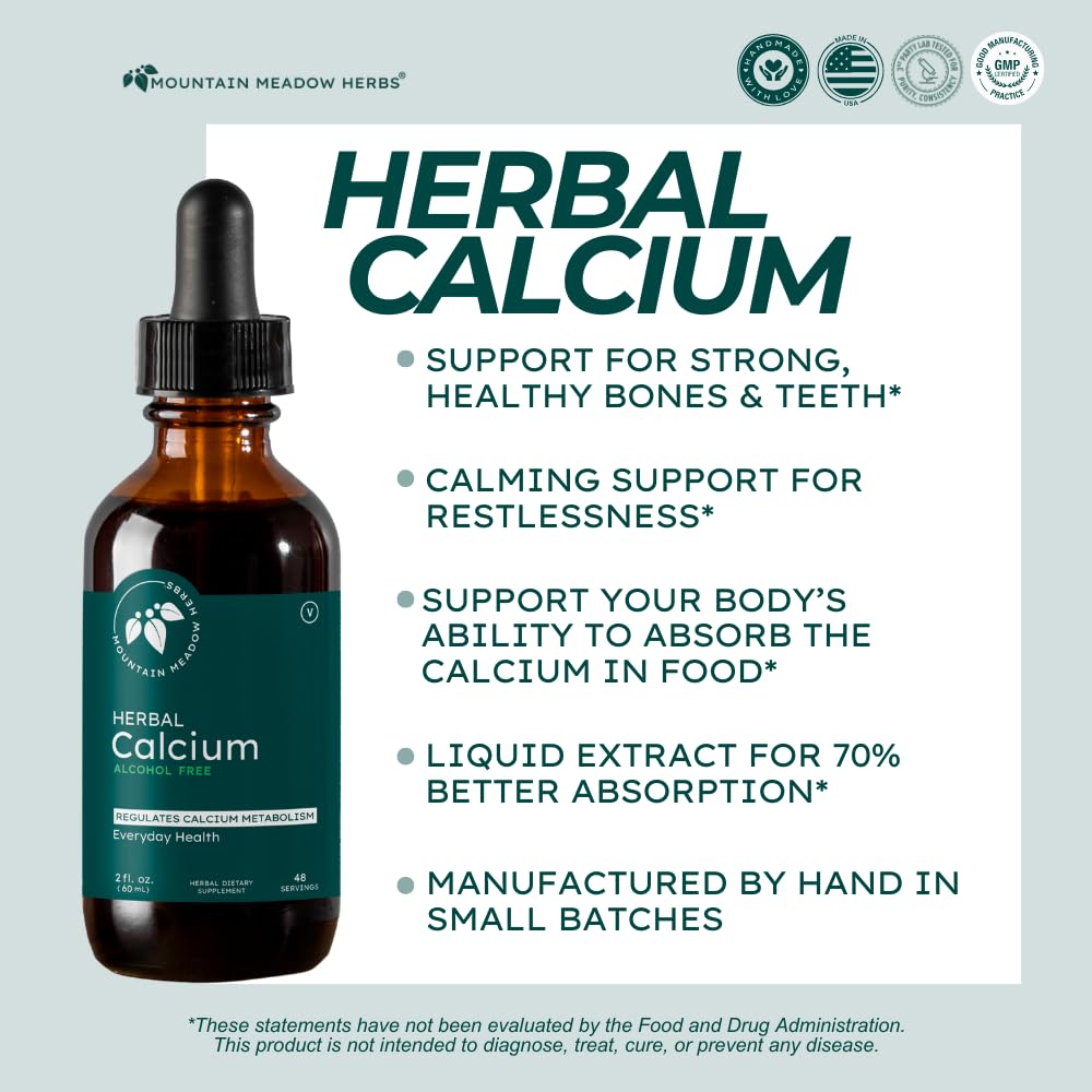Mountain Meadow Herbs Herbal Calcium dropper detail highlights liquid formula for easy absorption