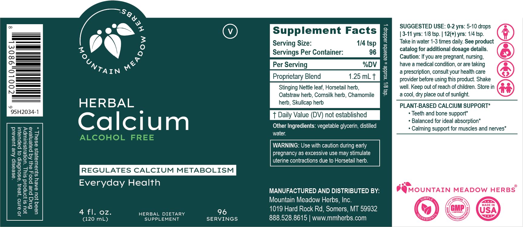 Mountain Meadow Herbs Herbal Calcium facility label signals GMP-certified manufacturing