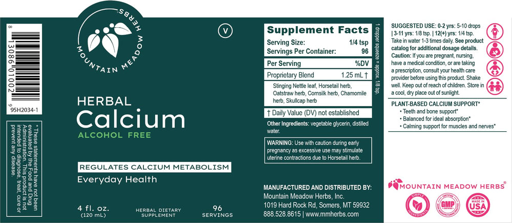 Mountain Meadow Herbs Herbal Calcium herbal blend photo illustrates calming botanicals