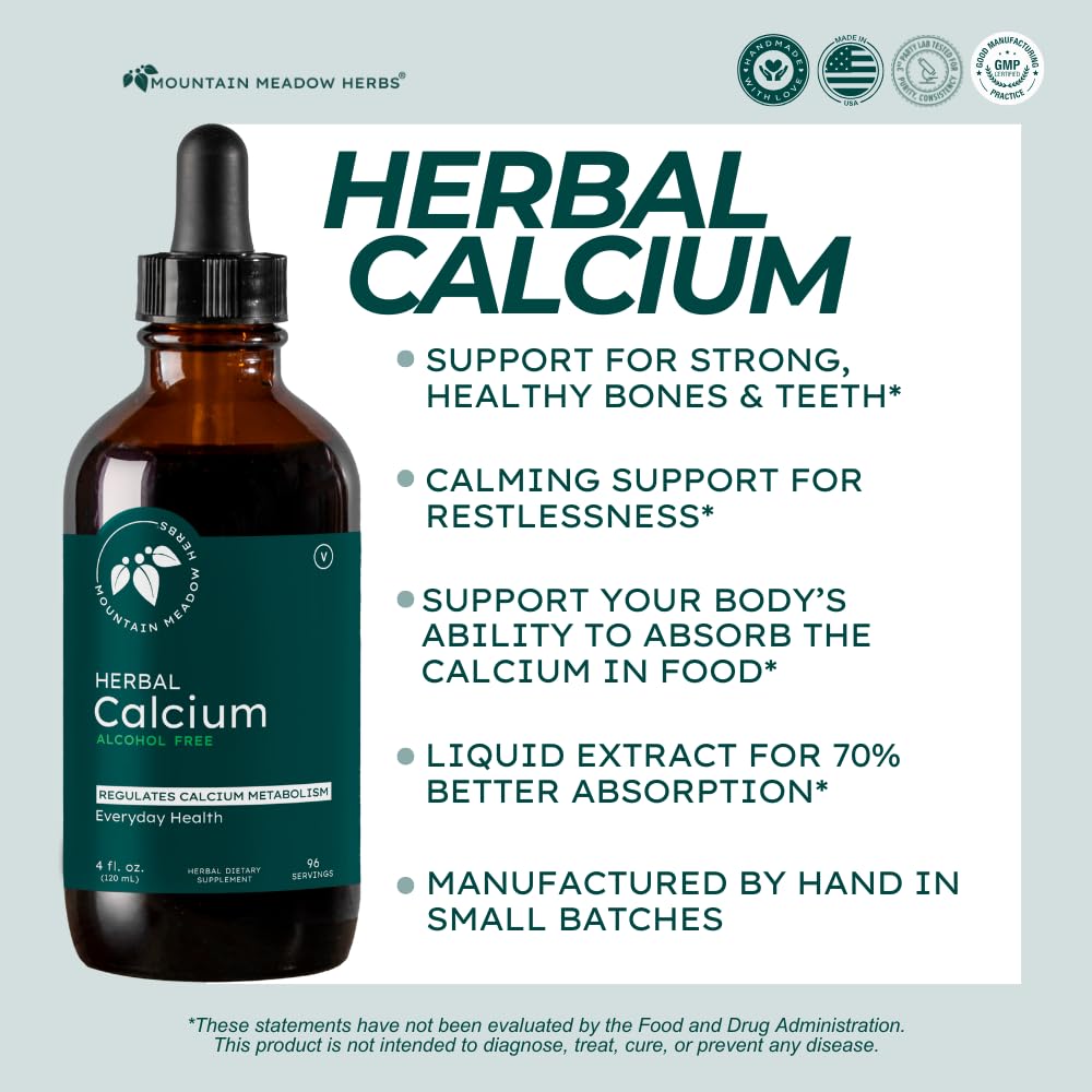Mountain Meadow Herbs Herbal Calcium label scan highlights plant-based minerals and chamomile blends
