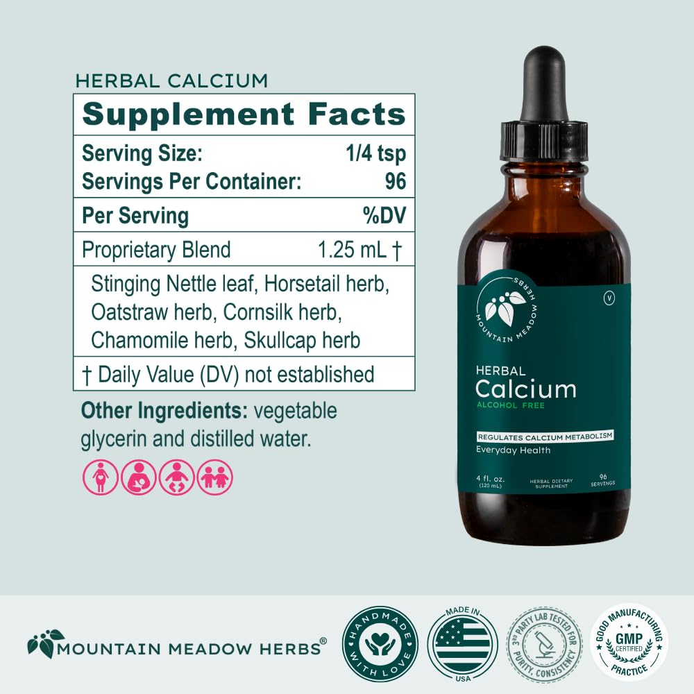 Mountain Meadow Herbs Herbal Calcium liquid bottle close-up shows high absorption formula