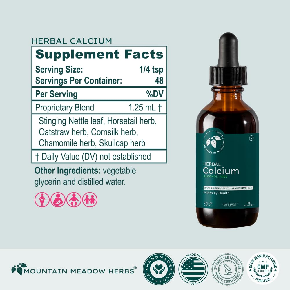 Mountain Meadow Herbs Herbal Calcium liquid pour demonstrates convenient daily dosing