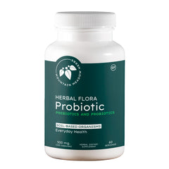 Mountain Meadow Herbs Herbal Flora Probiotics bottle viewed from top, indicating daily gut support.
