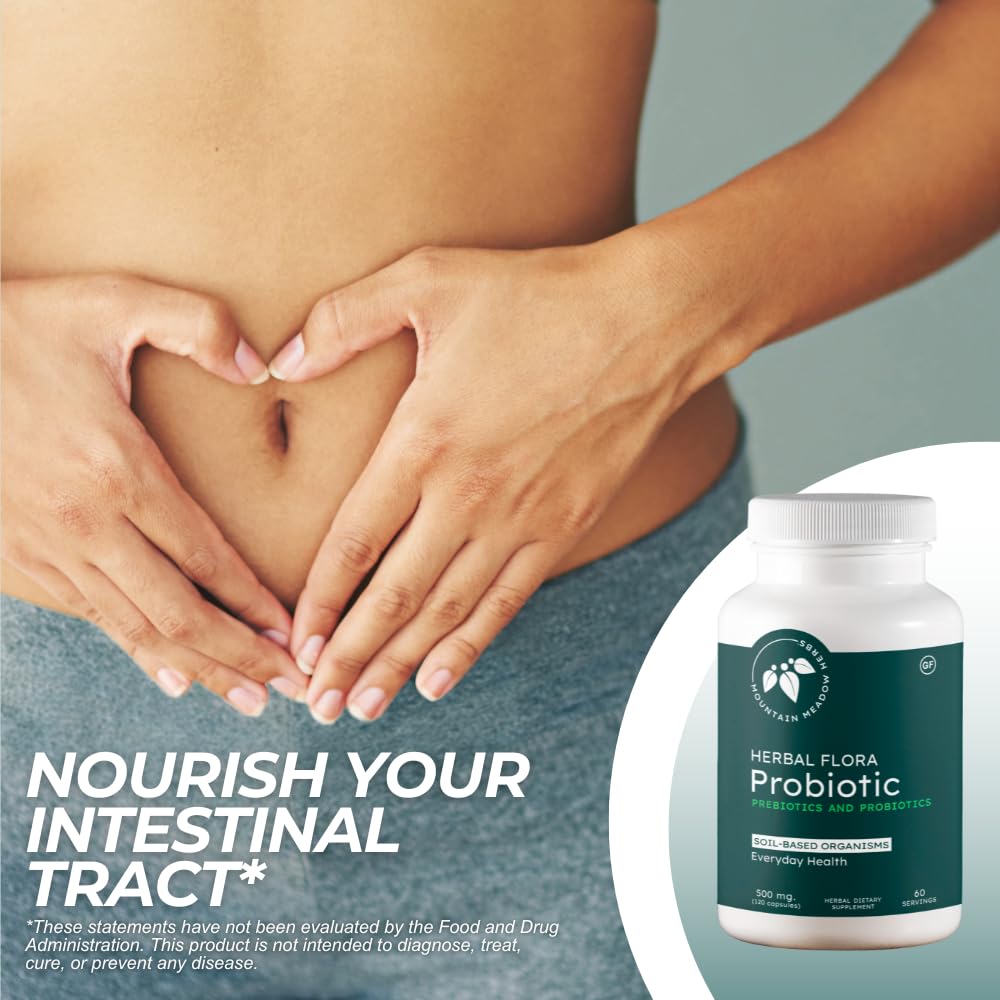 Mountain Meadow Herbs Herbal Flora Probiotics capsules close-up for easy daily use.