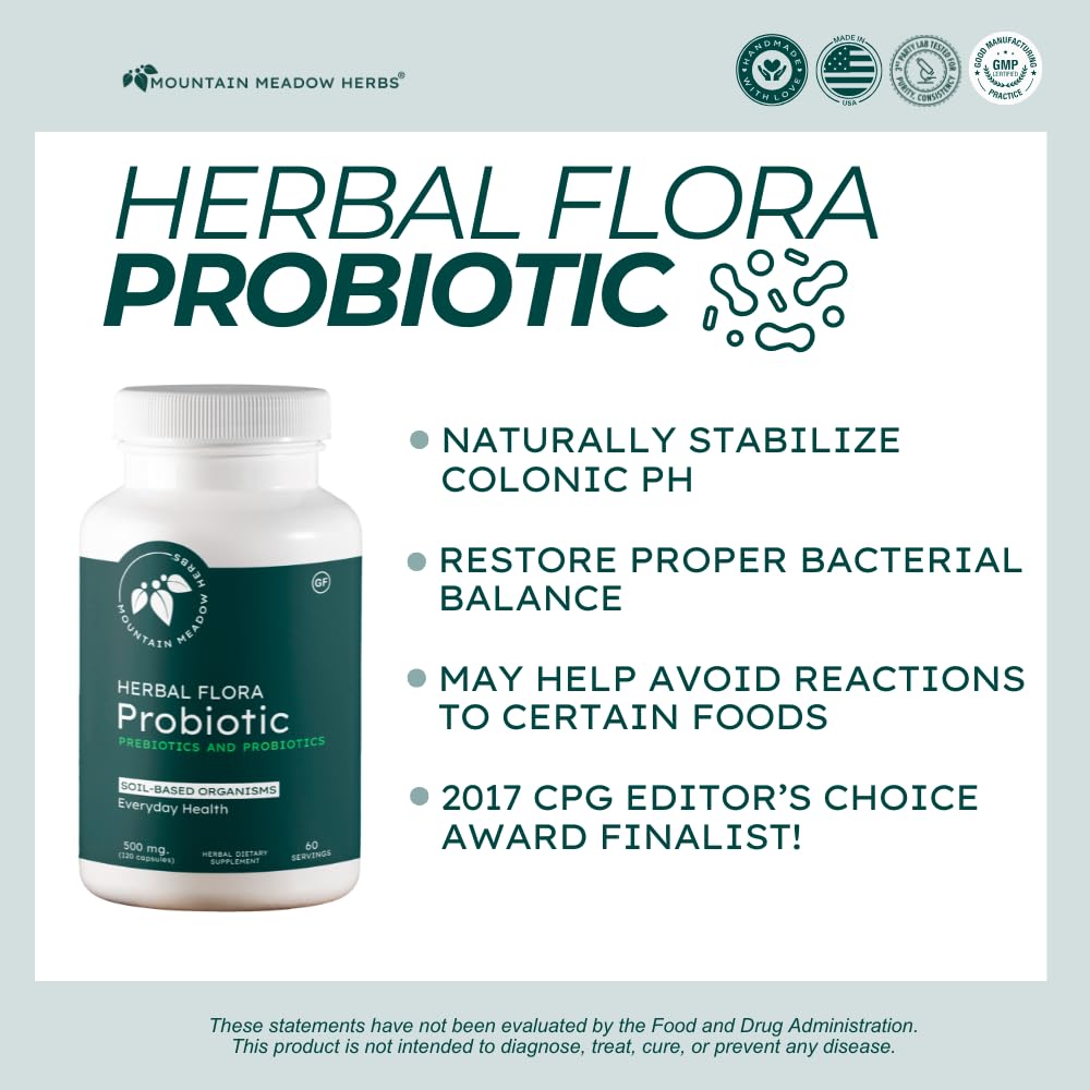 Mountain Meadow Herbs Herbal Flora Probiotics label close-up highlighting ingredients and quality.