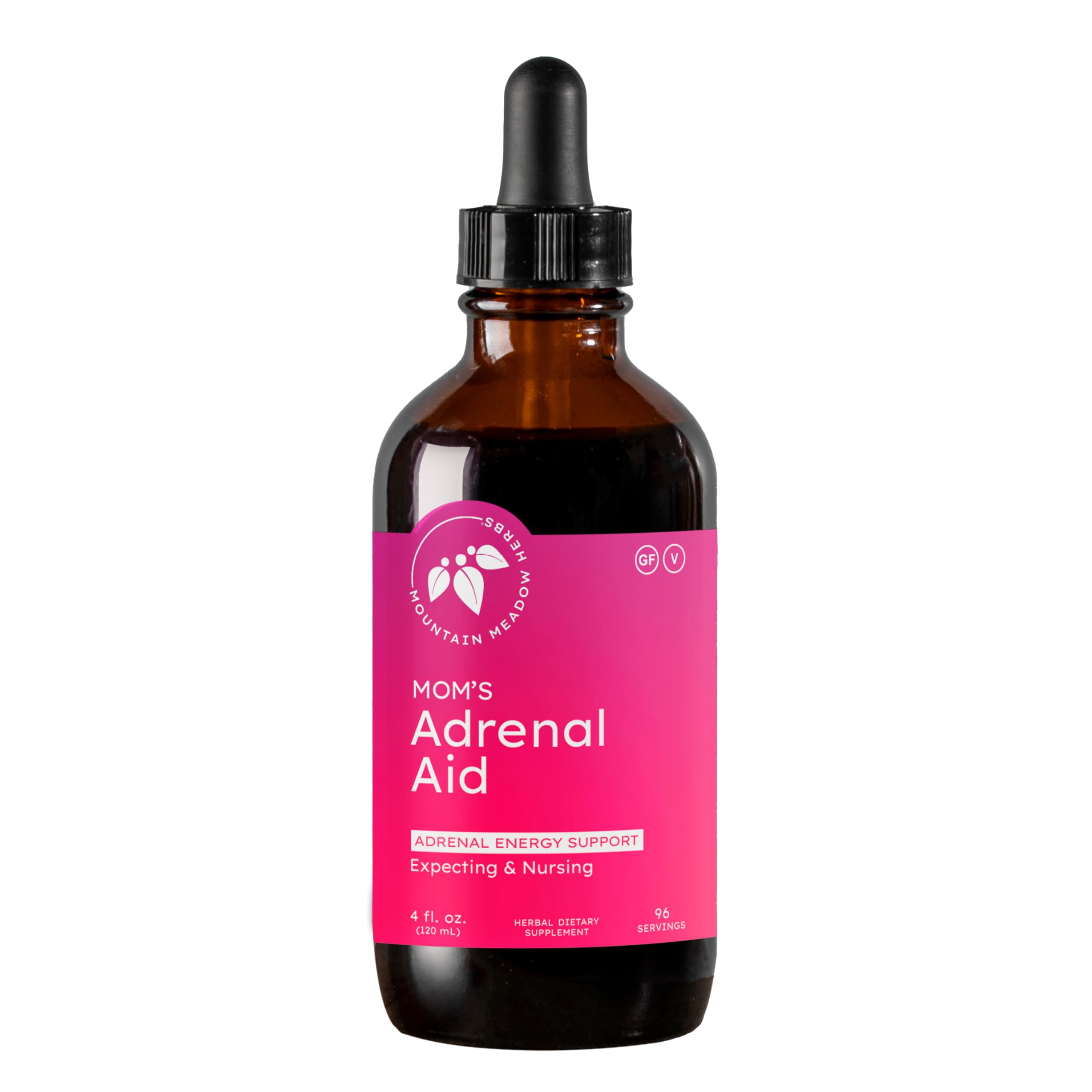 Mountain Meadow Herbs Mom's Adrenal Aid bottle pour for easy energy support.