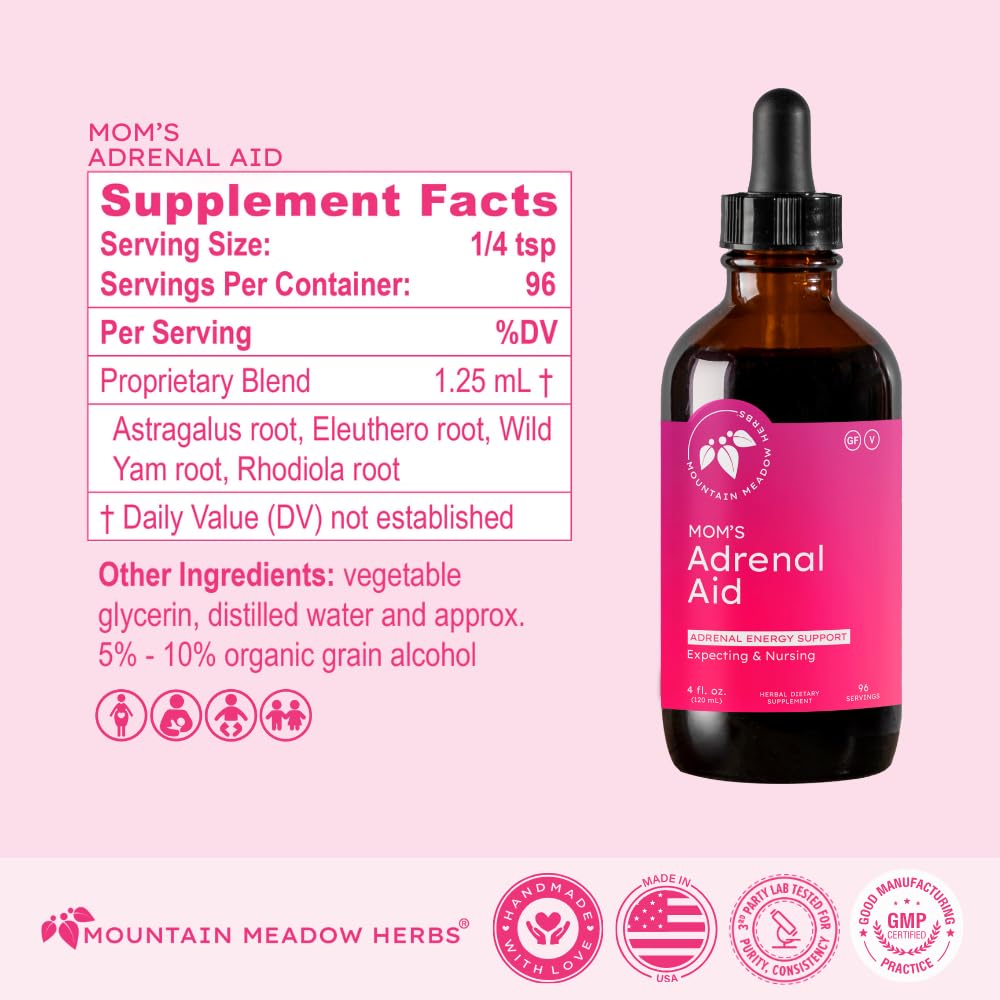 Mountain Meadow Herbs Mom's Adrenal Aid ingredients showcase herbal blend for gentle hormonal support.