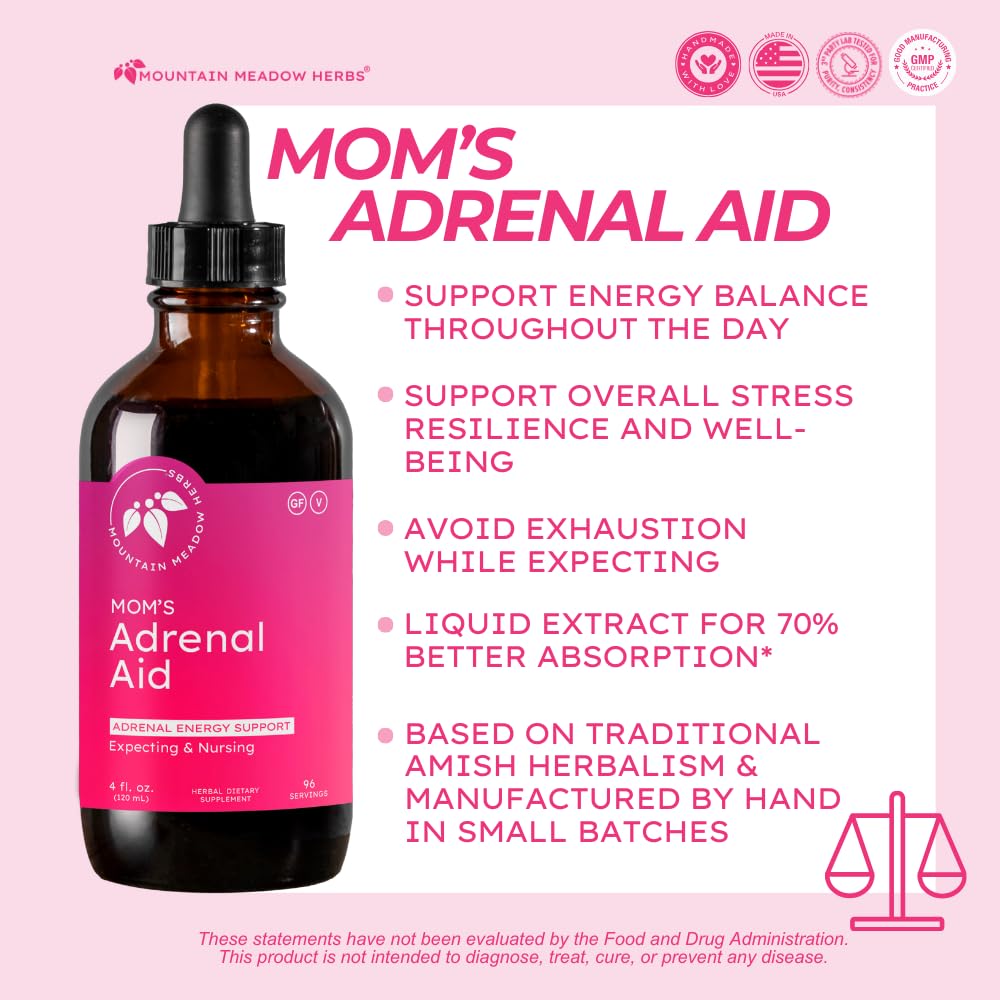 Mountain Meadow Herbs Mom's Adrenal Aid label closeup highlights natural ingredients for adrenal balance.