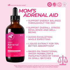 Mountain Meadow Herbs Mom's Adrenal Aid label closeup highlights natural ingredients for adrenal balance.