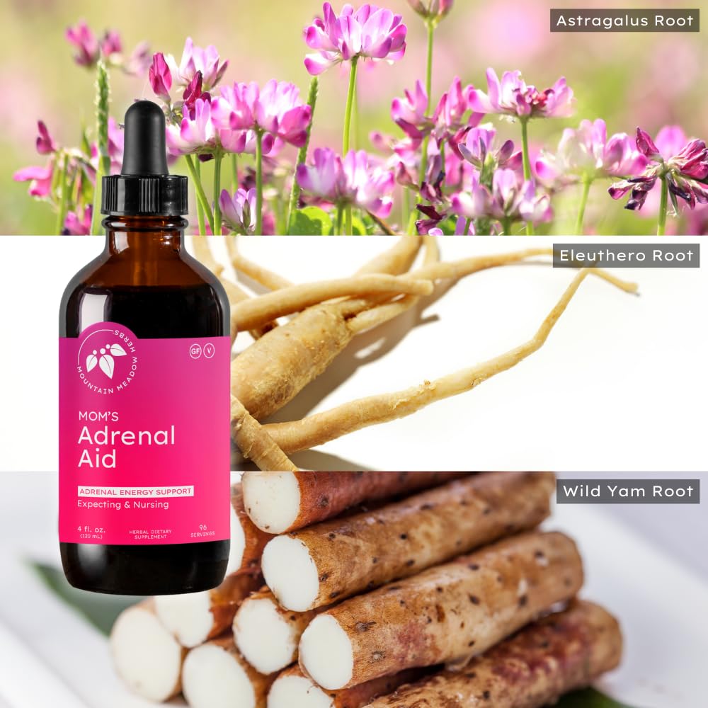 Mountain Meadow Herbs Mom's Adrenal Aid packaging shows GMP-certified quality from Northwest Montana.