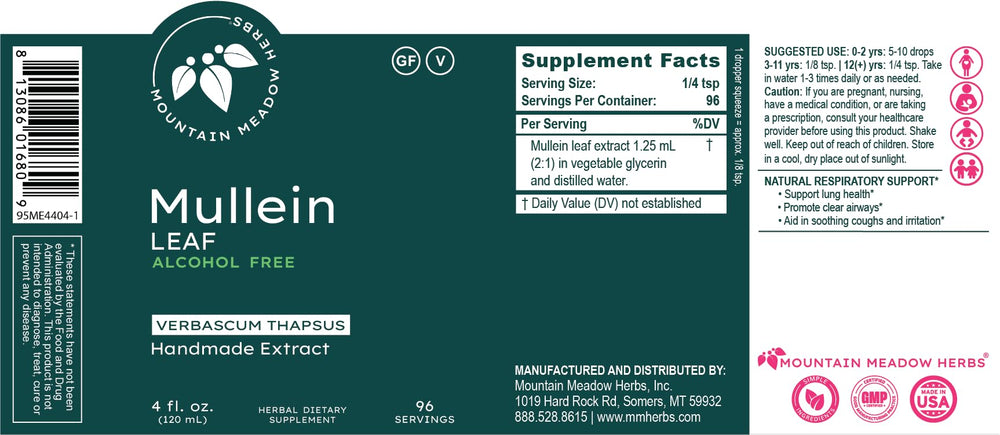 Mountain Meadow Herbs Mullein Leaf Extract dropper ready for precise age-appropriate servings.