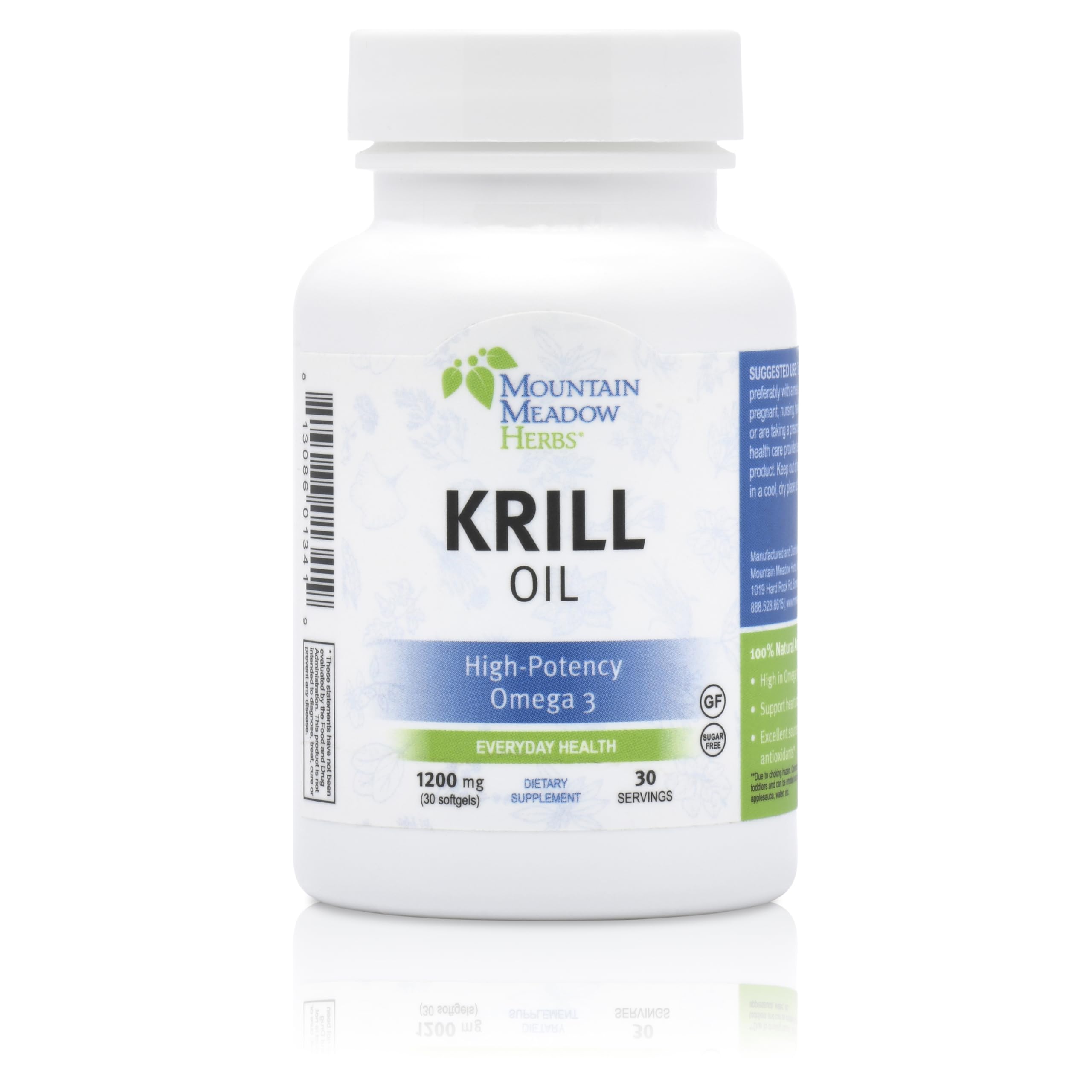 Mountain Meadow Herbs Omega-3 Krill Oil softgels bottle highlights Antarctic sourcing and heart support.