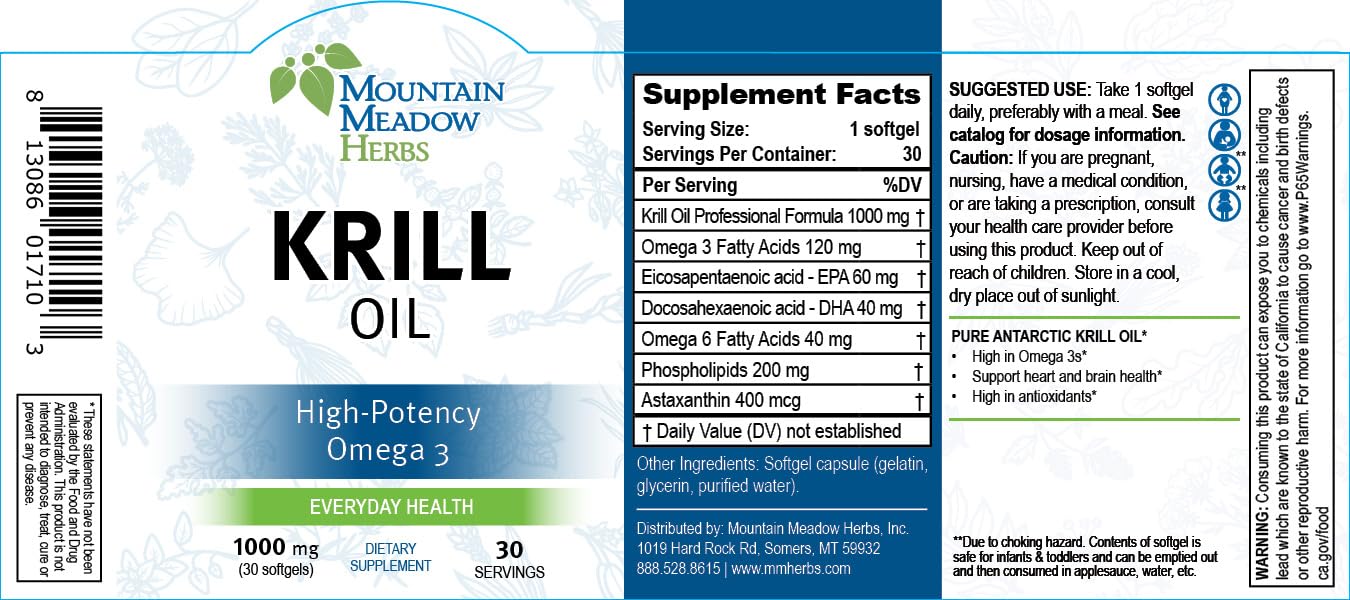 Mountain Meadow Herbs Omega-3 Krill Oil softgels packaging shows easy daily use with no fishy aftertaste.