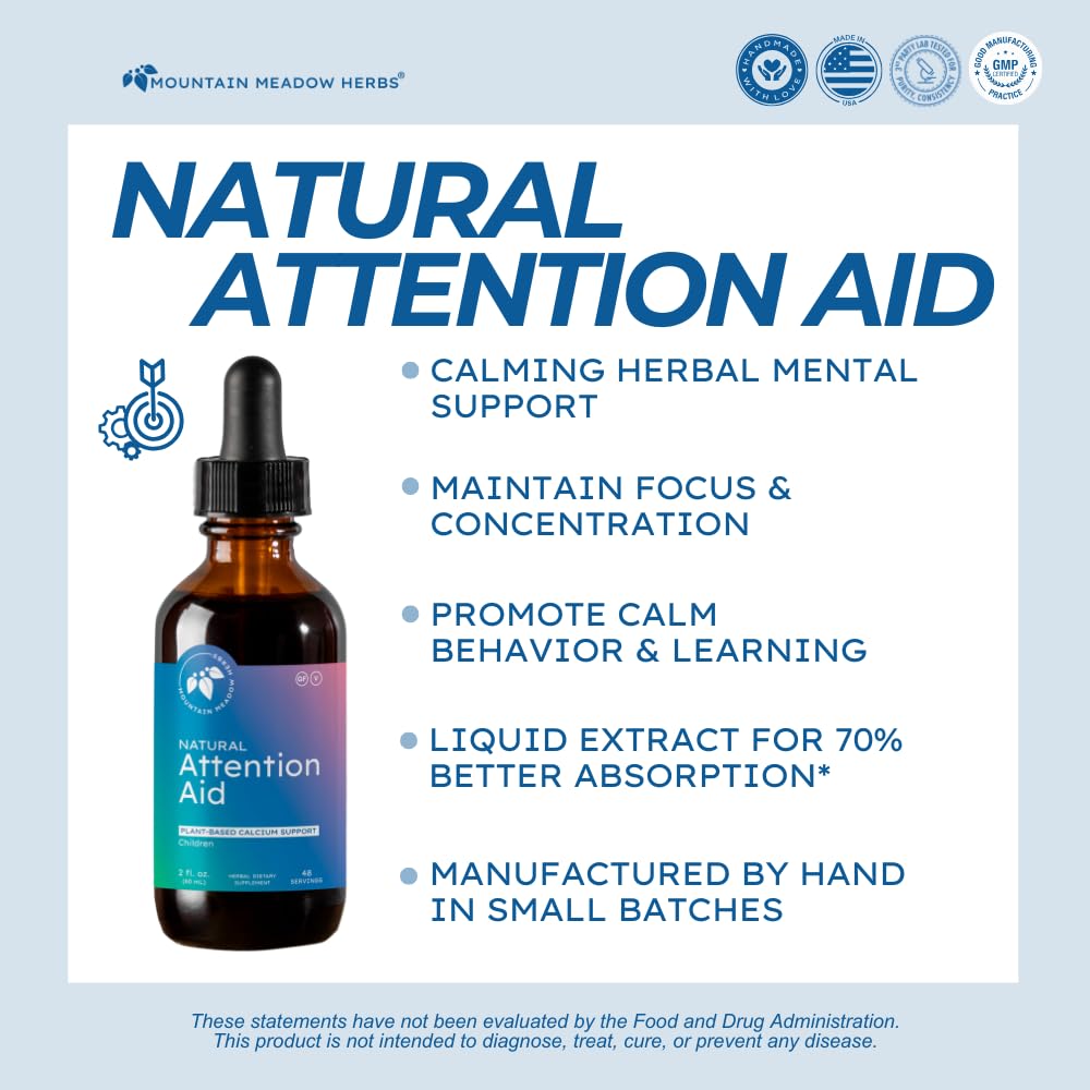 Mountain Meadow Kids Attention-Aid liquid dropper ready for daytime focus.