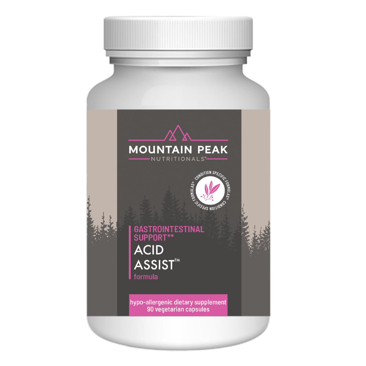 Mountain Peak Acid Assist bottle shows compact capsules for on-the-go GI support.