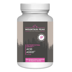 Mountain Peak Acid Assist bottle shows compact capsules for on-the-go GI support.