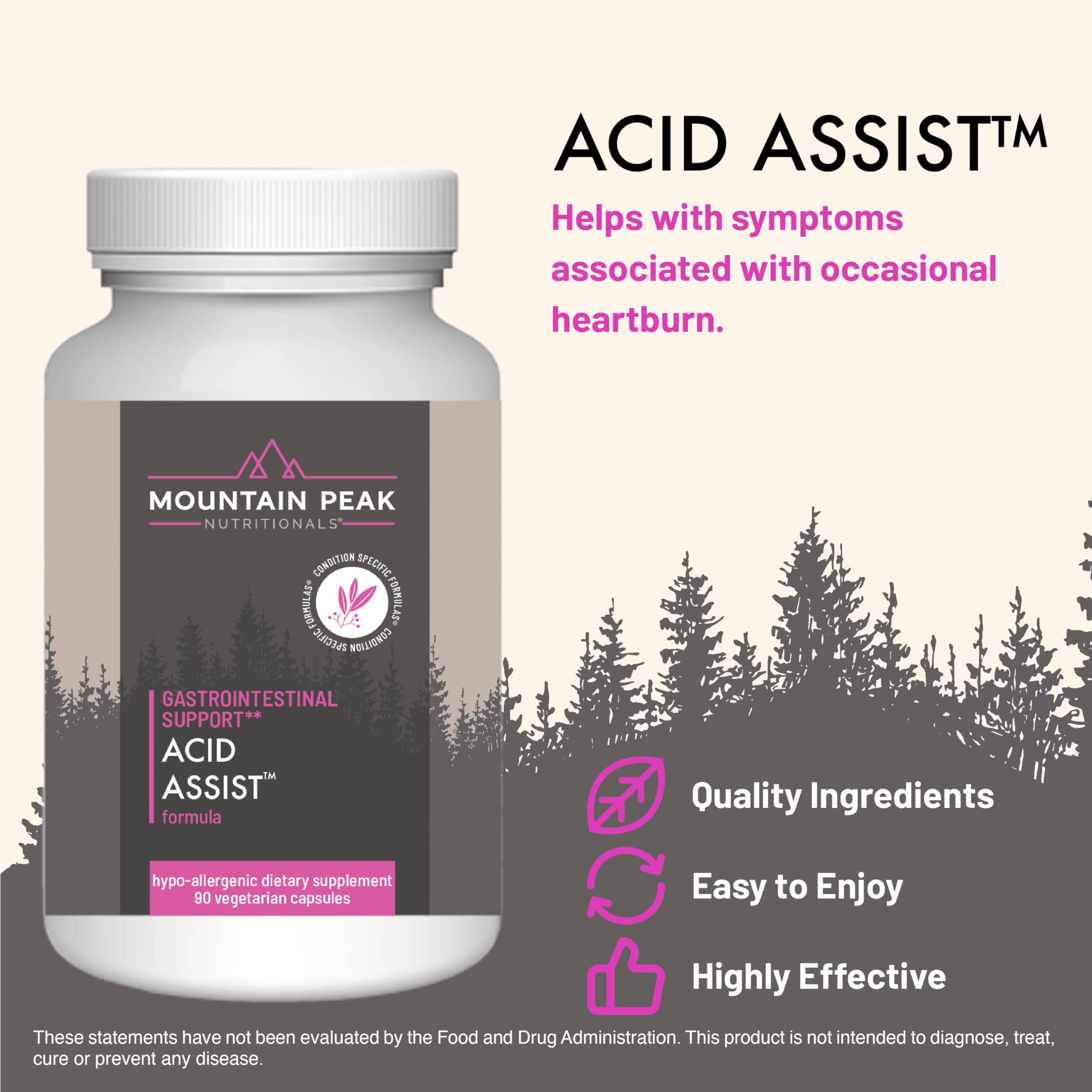 Mountain Peak Acid Assist capsules in a bottle promote gentle digestion.