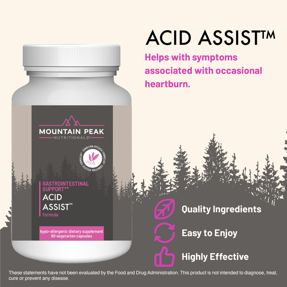 Mountain Peak Acid Assist capsules in a bottle promote gentle digestion.