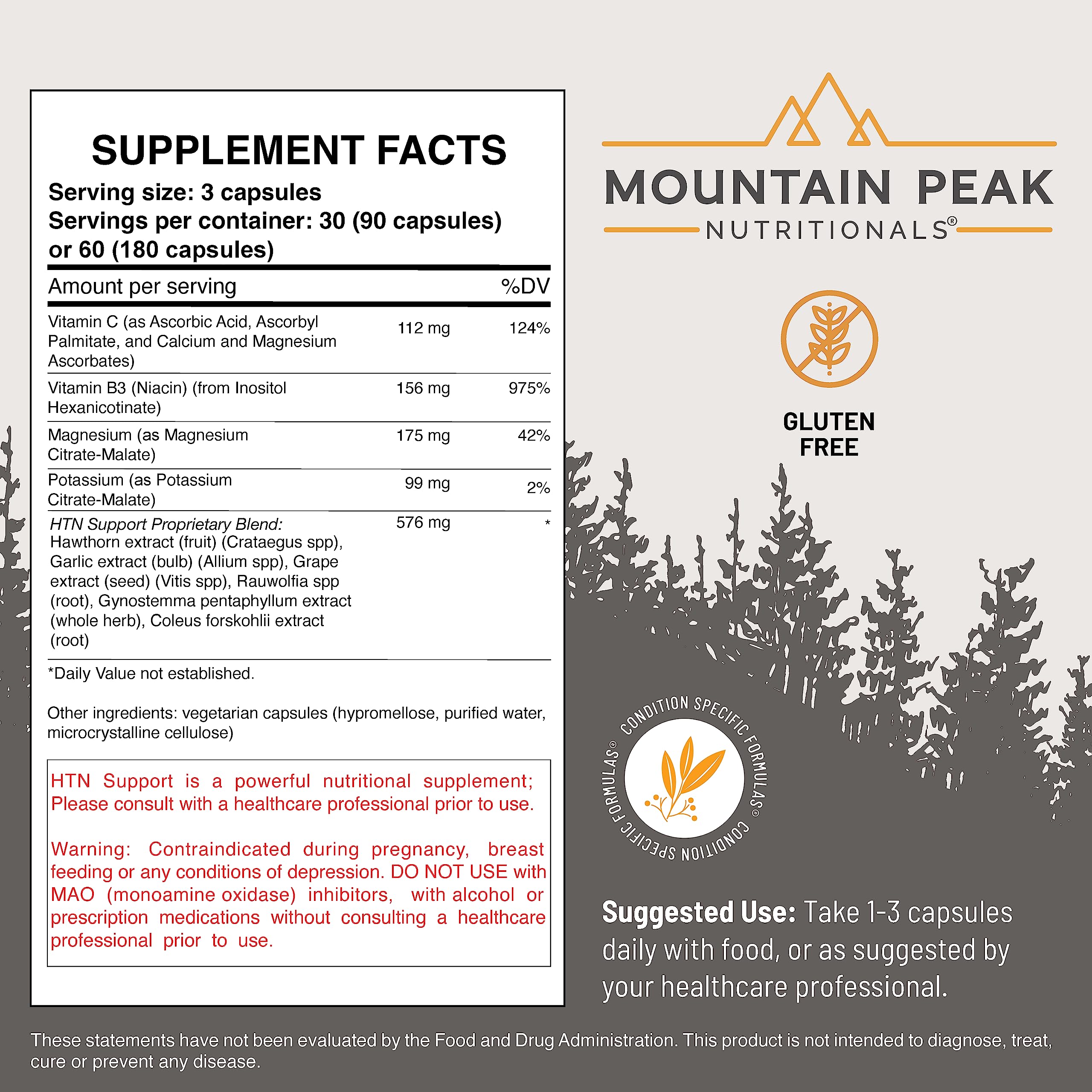 Mountain Peak HTN ingredients rauwolfia and hawthorn highlighted for cardiovascular support.