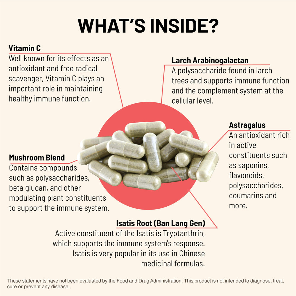 Close-up of Immuni-LT ingredients list with mushrooms and beta glucans.