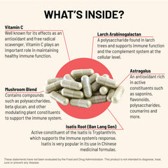 Close-up of Immuni-LT ingredients list with mushrooms and beta glucans.