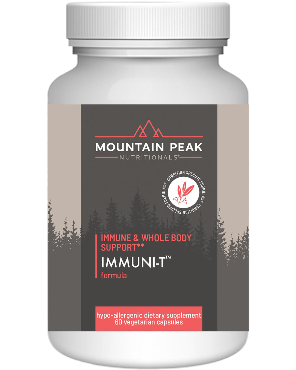 Mountain Peak Immuni-T bottle front shows daily immune support potential.