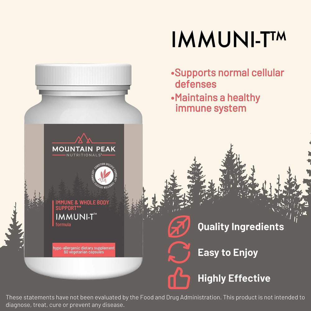 Mountain Peak Immuni-T capsules arranged to highlight 4-in-1 formula for wellness.