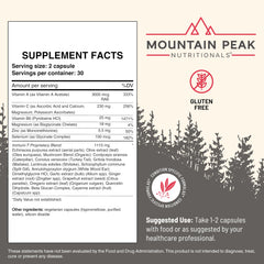 Mountain Peak Immuni-T mushroom blend showcases six organic varieties aiding cellular health.
